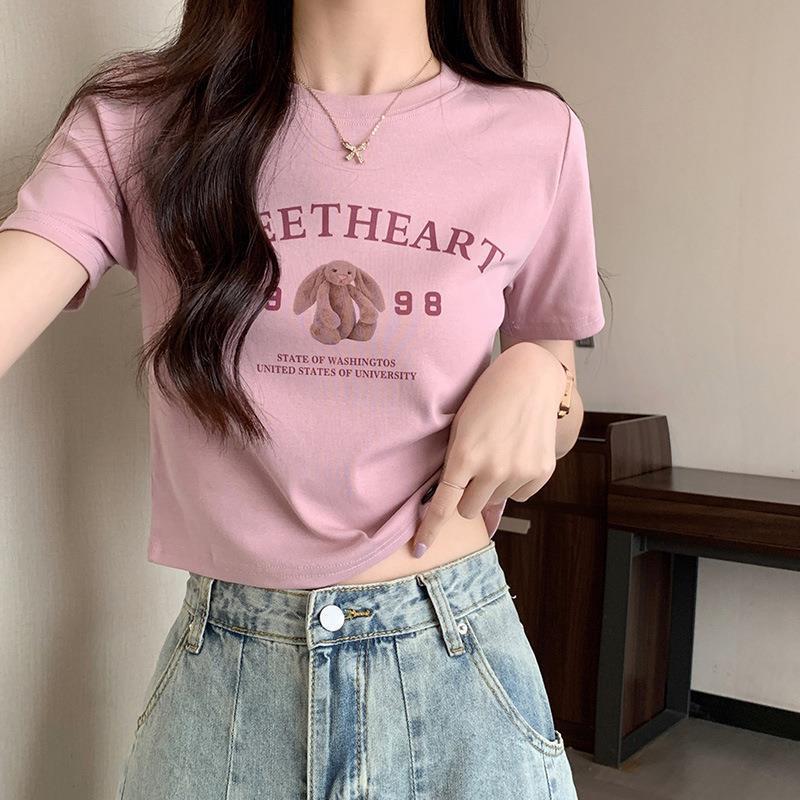 Letter Printed Short-Sleeved T-Shirt for Women Summer 2025 New Style Right Shoulder Short Style Slimming Look Korean Style High-End Inner Top Letter Printed Short-Sleeved T-Shirt for Women Summer 2025 New Style Right Shoulder Short Style Slimming Look Korean Style High-End Inner Top