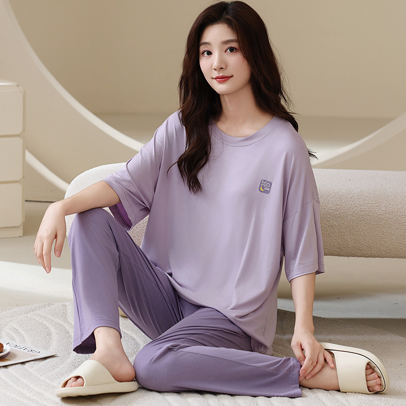 New Modal Pajamas for Women, Summer Short-Sleeved Long Pants, Round Neck, Plus Size Home Wear Set, Can Be Worn Outside in Summer New Modal Pajamas for Women, Summer Short-Sleeved Long Pants, Round Neck, Plus Size Home Wear Set, Can Be Worn Outside in Summer