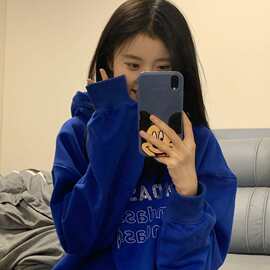 秋冬季克莱因蓝卫衣女加绒加厚宽松ins潮牌oversize美式复古外套