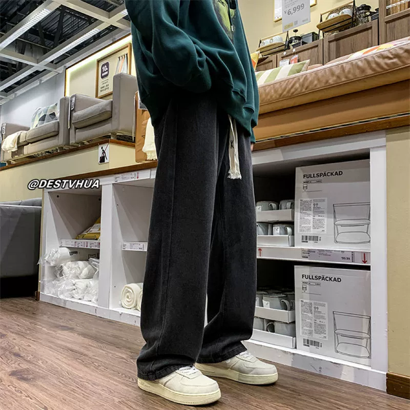 Японские простые повседневные широкие брюки длинные брюки черные серые свободные прямые джинсы