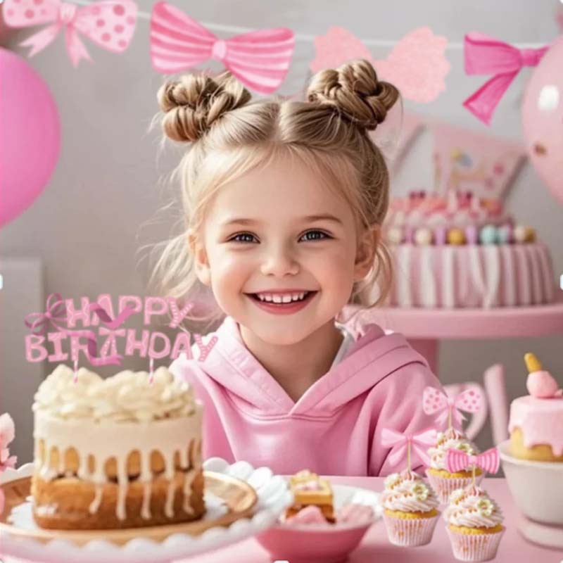 アマゾンピンクの弓のテーマセット誕生日パーティー用品旗ケーキインサート装飾品レイアウト小道具|undefined