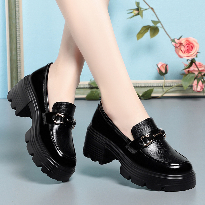 High heel loafers women's thick bottom 2024 spring new women's shoes British style small leather shoes slip-on platform shoes