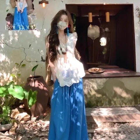 Summer Outfit Set for Plus-Size Women: Lace Top and Casual Wide-Leg Pants, Trendy Dopamine Fashion Set for Women