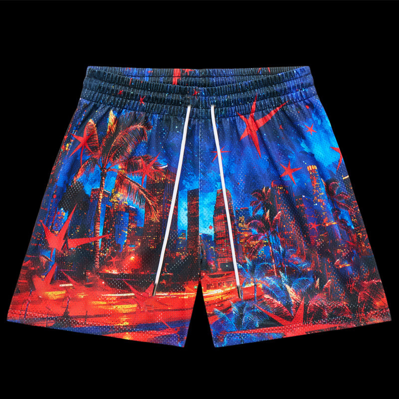 American-Style Trendy Sports Shorts, Basketball Shorts, Neon City Men's Casual Running Shorts, Knee-Length Shorts
