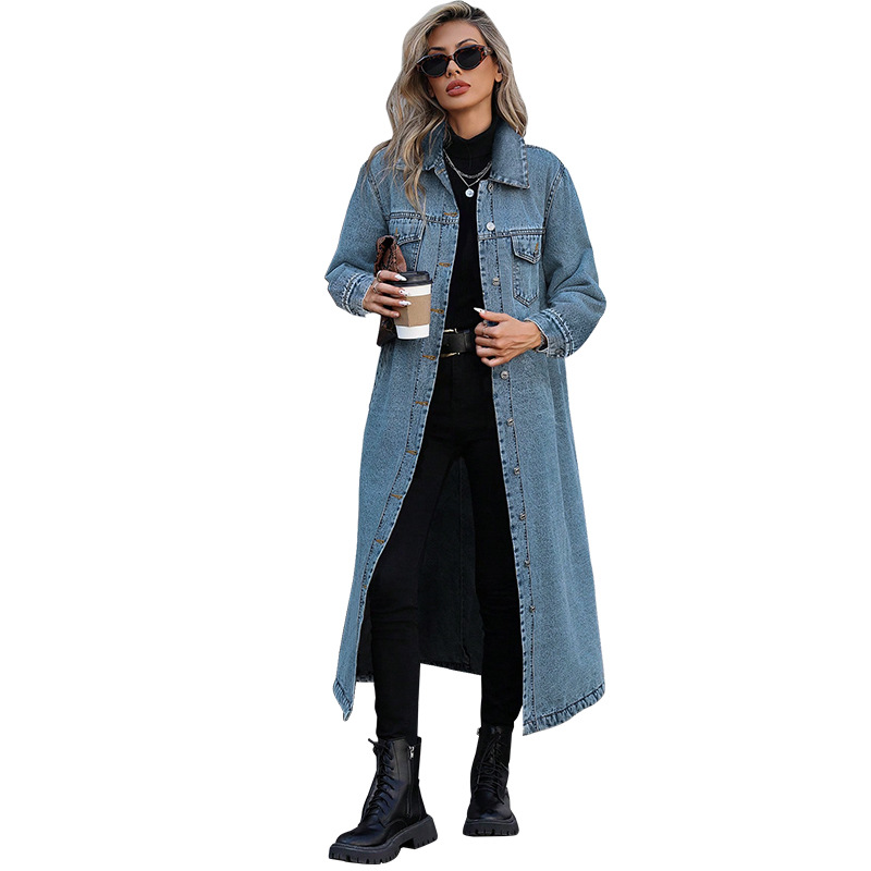 Elegant Long Denim Coat For Women, Mid Blue And Black Trench Style Jacket, Versatile Career Outerwear For Fall_ecoleips.com