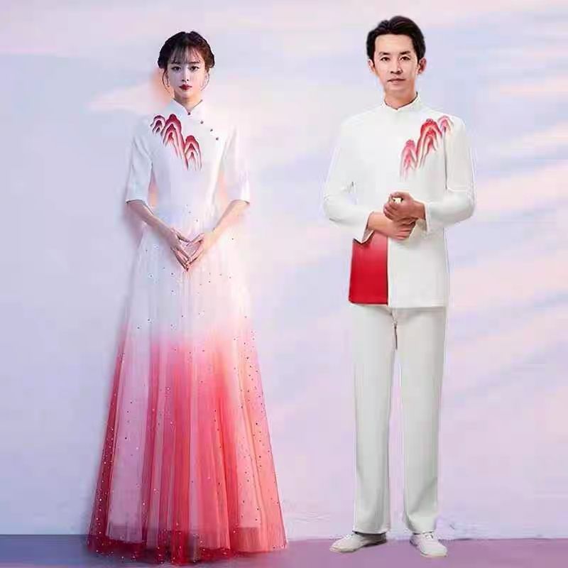 合唱演出服长裙红歌舞台合唱团成人比赛指挥表演服红色礼服|undefined