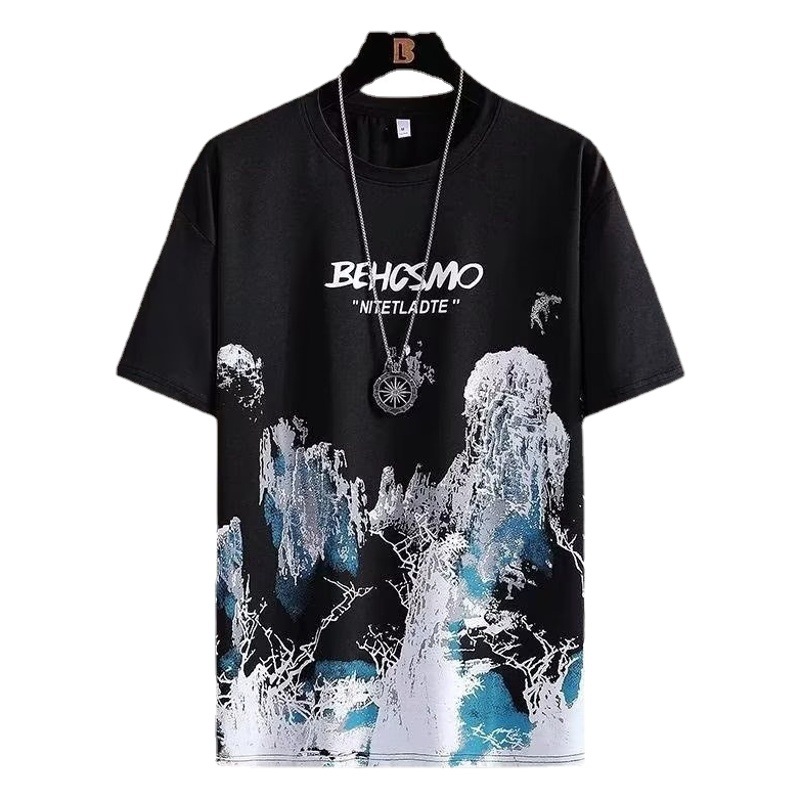 Camiseta de manga corta para hombres, ropa de manga corta, Top con marca de agua de moda de estilo chino, pintura de tinta, pintura de paisaje, verano Nuevo