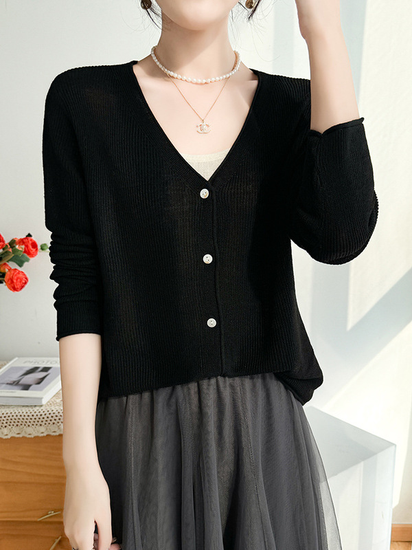 V-Neck Ice Silk Knitted Cardigan for Women, Summer Thin Rolled-Up Long-Sleeve Sun Protection Shirt, Hollow-Out Jacket Top, Air-Conditioning Shirt for Women