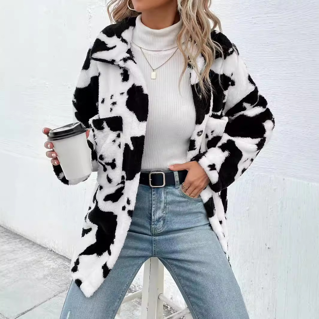 Women's Clothing hot selling double sided plush cow pattern pocket top coat hot_voghion.com