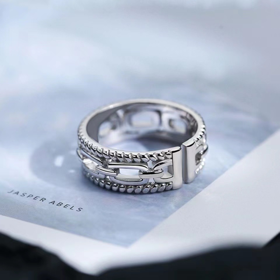 925 Silver Ring Men's Trendy Stylish Ins Chain Simple Hip-Hop Single Ring Retro Open Index Finger Men's Ring