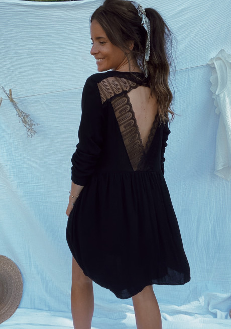 Lace Trim V-Neck Long-Sleeved Hollow Dress NSMDF104627