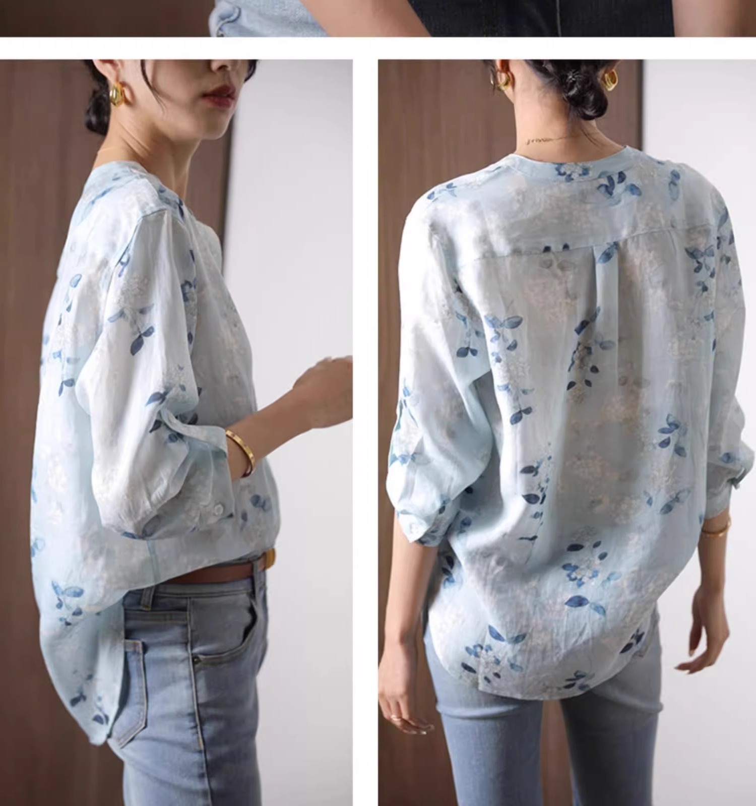 Áo sơ mi cotton in họa tiết tay lỡ nữ kiểu Chanel tôn dáng — Màu xanh da trời chi tiết 12