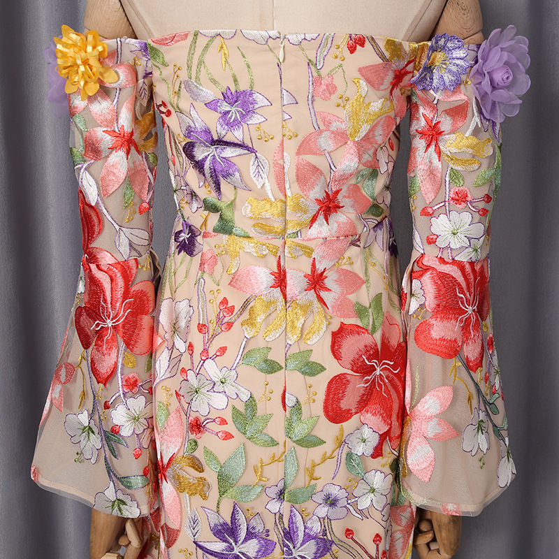 Three Dimensional Floral Cluster Embroidered Bell Sleeve Retro Dress off Neck Dress 25 Three Dimensional Floral Cluster Embroidered Bell Sleeve Retro Dress Off Neck Dress