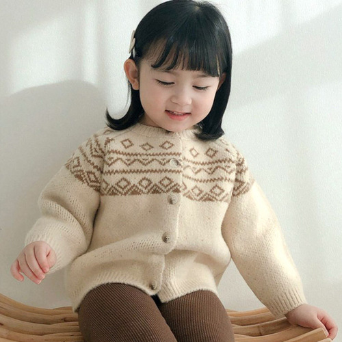2025 Korean Version Instagram Baby and Toddler Apparel Sweater Jacket Spring and Autumn Forest System Retro Pattern Crew Neck Casual Knit Top