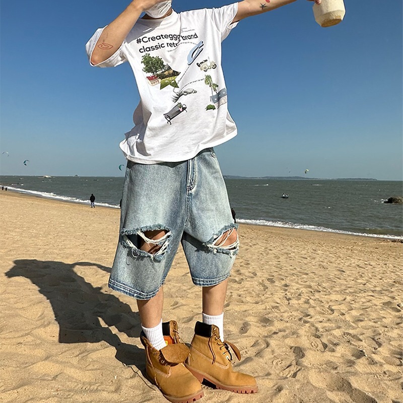 American Style Trendy Brand Thin Wide Leg Loose Loose Cropped Shorts Men's High Street Knee Ripped Washed Jeans for Men and Women American Style Trendy Brand Thin Wide Leg Loose Loose Cropped Shorts Men's High Street Knee Ripped Washed Jeans for Men and Women