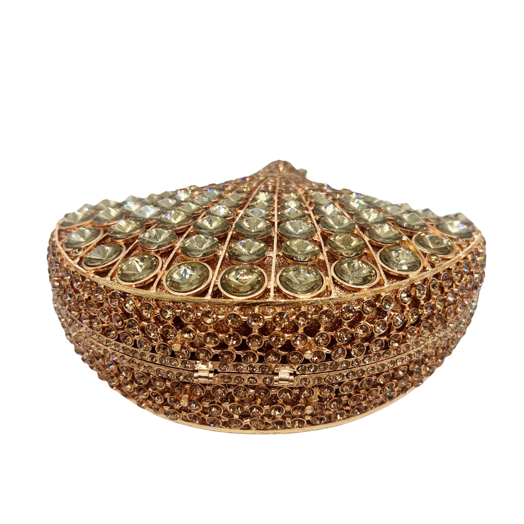 Clutch nữ hình quạt đính đá cao cấp dự tiệc cầm tay — màu vàng, bạc, màu đỏ, màu ô liu xanh chi tiết 5