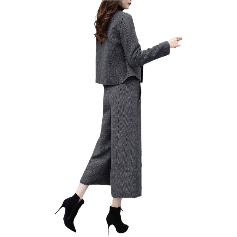 2025 новый женский осенне-зимний костюм из двух предметов: шерстяная куртка с узором "елочка" и широкие брюки, модный повседневный костюм для женщин