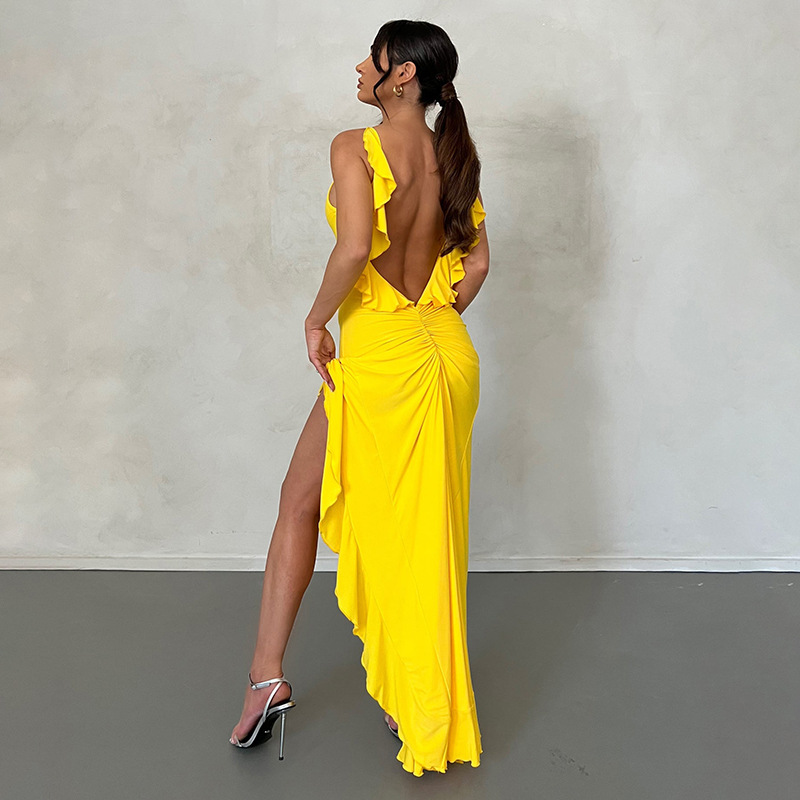 Women's Trumpet Dress Streetwear Strap Slit Lettuce Trim Backless Sleeveless Solid Color Maxi Long Dress Daily display picture 2