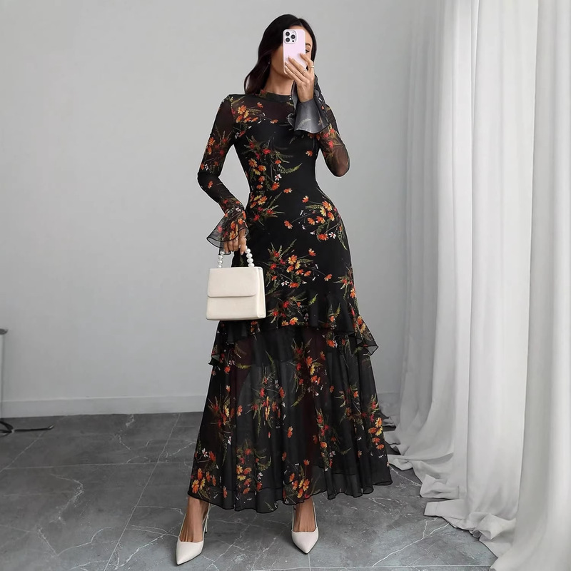 European and American New Style Black Printed Dress with Ruffle Sleeves, Plant and Floral Print Long-Sleeved Dress, Women's Holiday Long Dress European and American New Style Black Printed Dress with Ruffle Sleeves, Plant and Floral Print Long-Sleeved Dress, Women's Holiday Long Dress