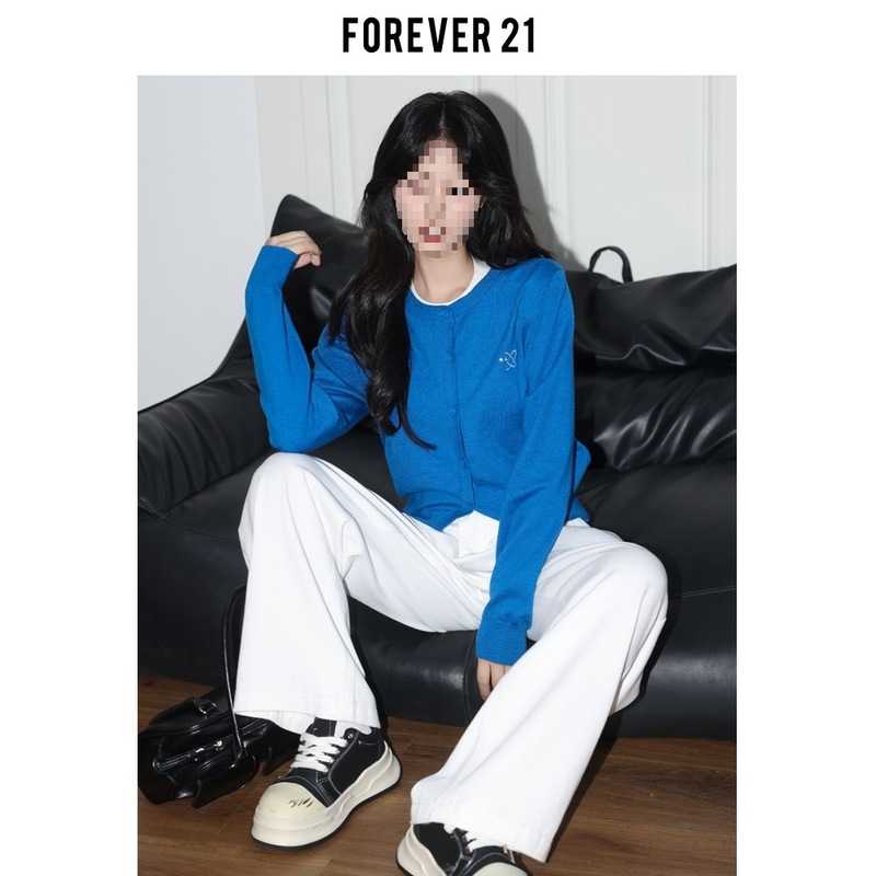 Forever21克莱因蓝别致刺绣针织开衫女ins宽松上衣慵懒松弛感毛衣|undefined