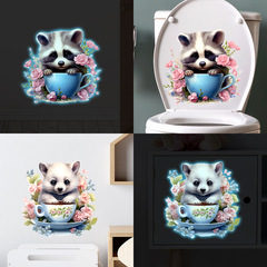 外貿可愛茶杯動物夜光藍光馬桶貼冰箱貼家居裝飾牆貼貼紙自粘批發