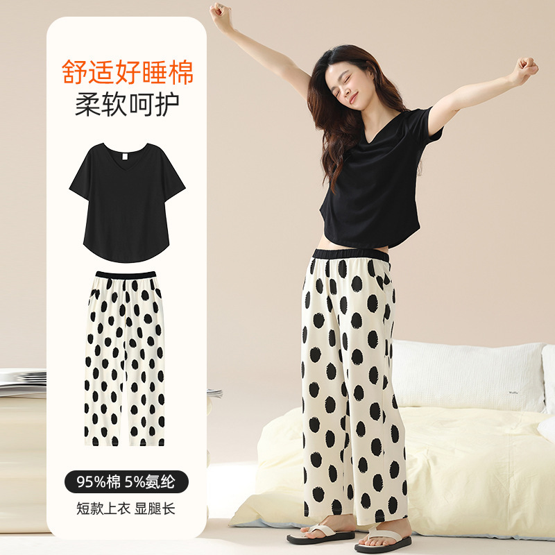 Pajamas for Women, Short-Sleeved Pants, Summer Thin V-Neck Black Fashionable Polka Dot Women's Pure Cotton Home Wear Summer Set Pajamas for Women, Short-Sleeved Pants, Summer Thin V-Neck Black Fashionable Polka Dot Women's Pure Cotton Home Wear Summer Set