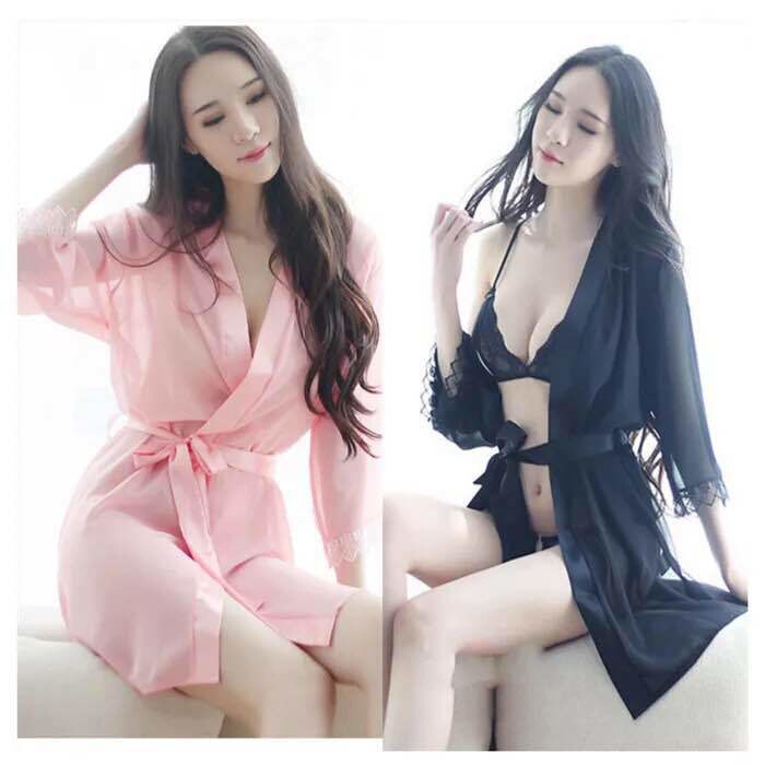 Bodan Sexy Lingerie Women's Plus Size Set Sheer Lace Sleepwear Bathrobe Three-Point Open Crotch Underwear Panties