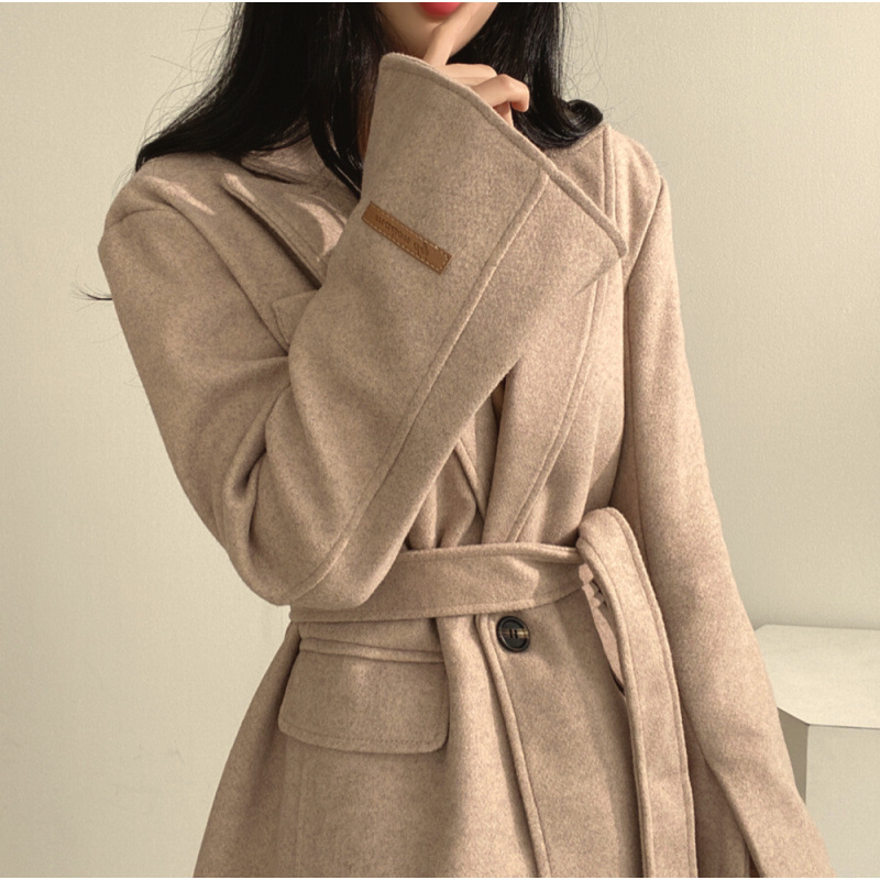 South Korea's Dongdaemun Autumn and Winter One-Button Woolen Lace-Up Waist Slimming Outwear for Women