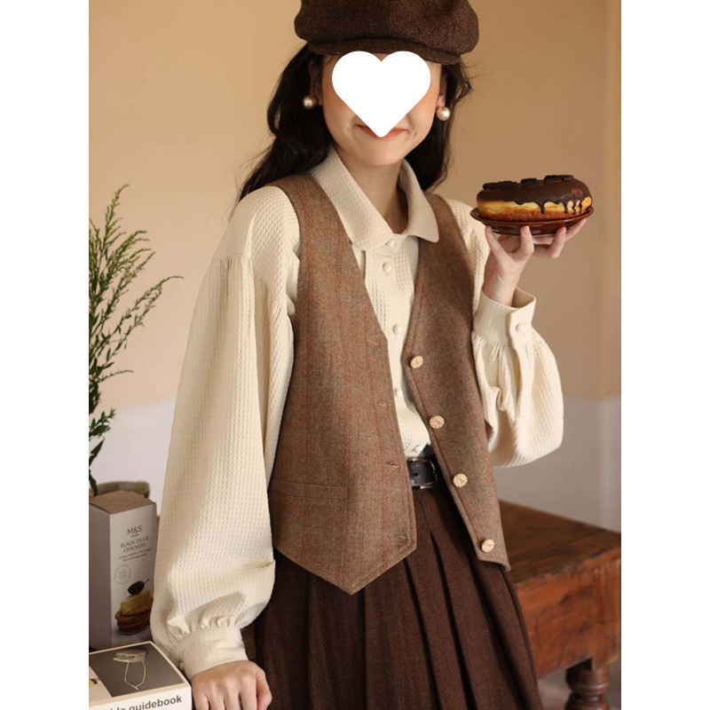 英伦学院风西装衬衫女秋秋短款格子休闲小背心马甲半身裙套装女|undefined