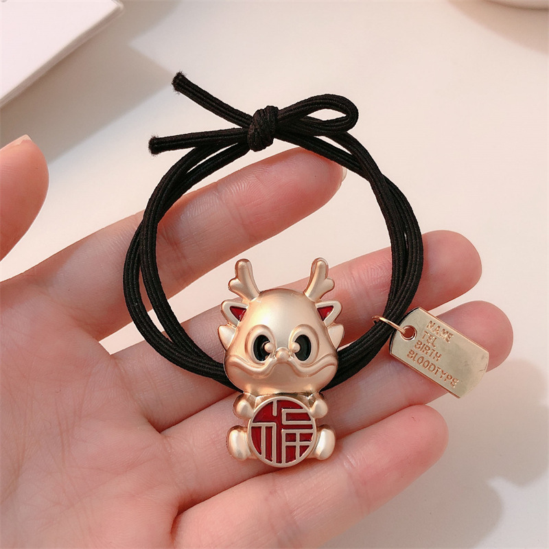 Año del Dragón Zodiaco de alta sensación metal rojo Año Nuevo anillo de cabello de alta altura cuerda elástica cuerda de cabello festiva adornos para el cabello