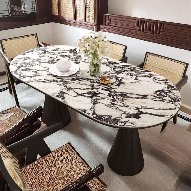 Mesa de comedor del Santo Grial de losa de roca de lujo ligero francés, mesa de comedor y silla para el hogar con crema, restaurante ovalado minimalista moderno, nuevo estilo chino