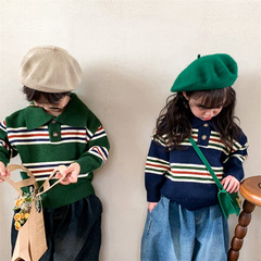 Jiaye Children's 2024 Children's Spring New Striped Sweater Girl Baby Forest Retro Lapel POLO Shirt