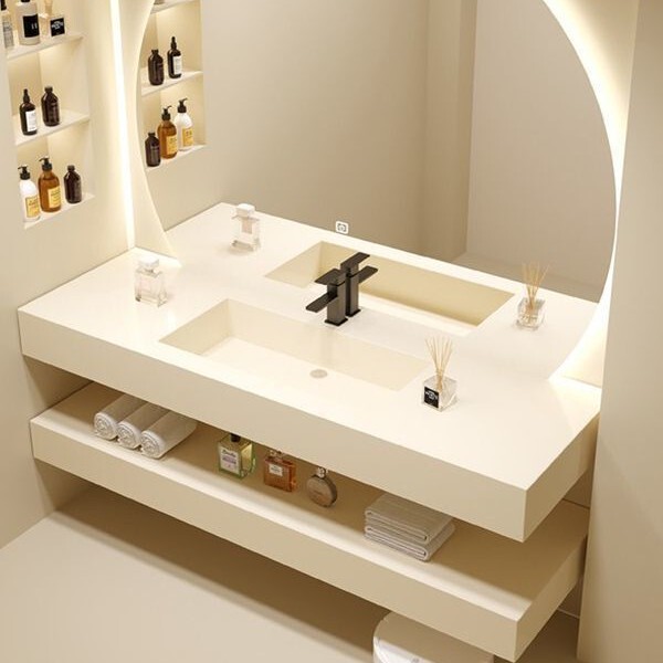 Cream Style Double-Layer Slate Washbasin Cabinet Combination Luxury Dressing Table Seamless Basin Round Mirror Bathroom Toilet