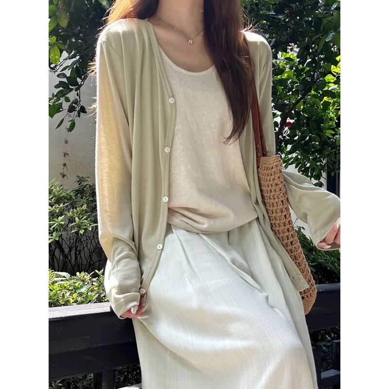 Gentle Style Matcha Green Thin Knit Cardigan for Women, Summer Loose Fit, Long Sleeves That Cover the Arms, Sun Protection Outerwear