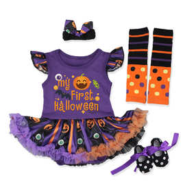 欧美亚马逊万圣节新生婴儿童四件套装装扮卡通裙边袜套鞋子发带