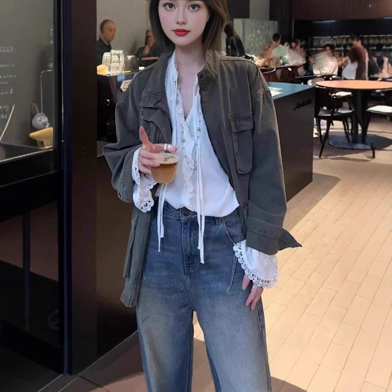 In-Stock Korean Dongdaemun Retro Army Green Workwear Style Jacket with Multiple Pockets, Stand Collar, Loose Casual Jacket for Women