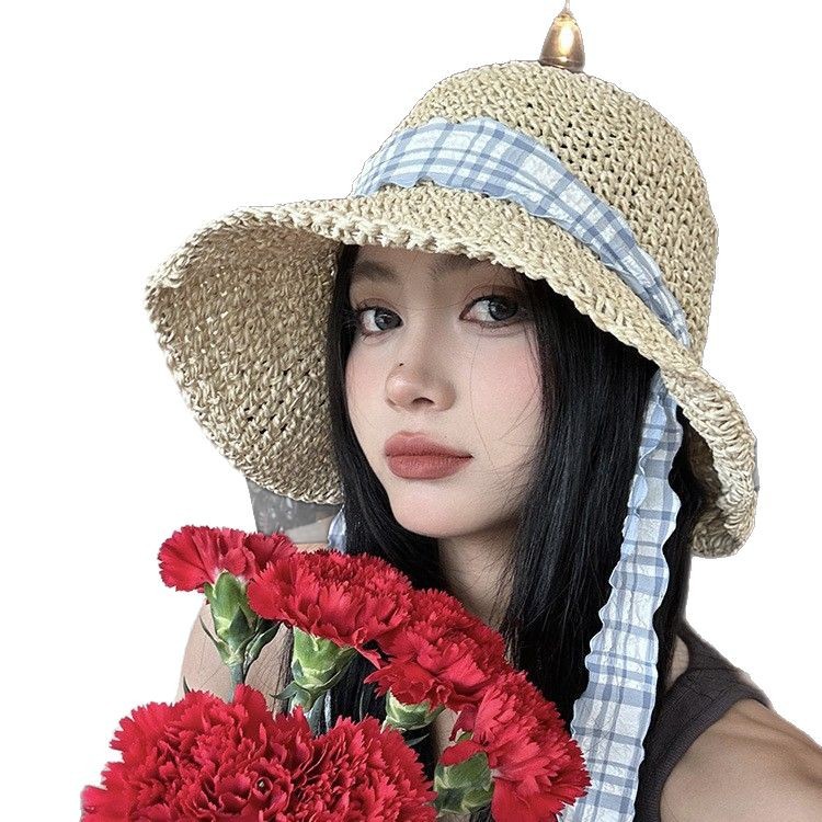 Japón cola de pescado correa de tela plegada gorra de paja de verano mujer protección solar vacaciones de playa sombrero de pescador sombrero
