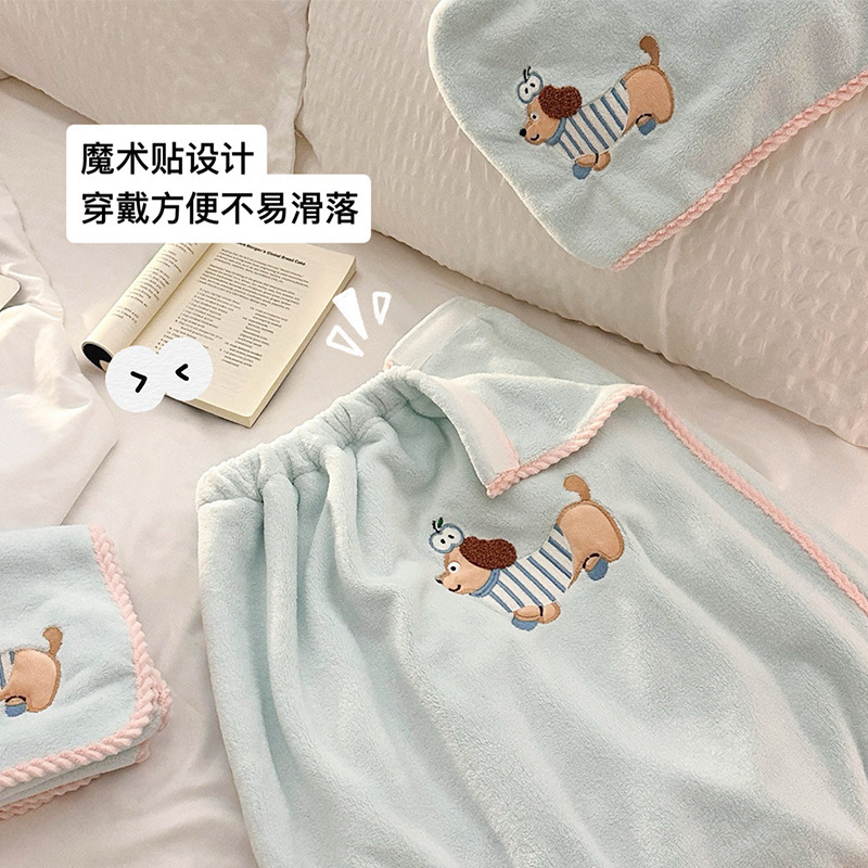 ダックスフント バススカート 夏 大人 カップル タオルセット コーラルベルベット 肌に優しい 吸水速乾 ラップタオル 怠け者 ホームバスタオル|undefined