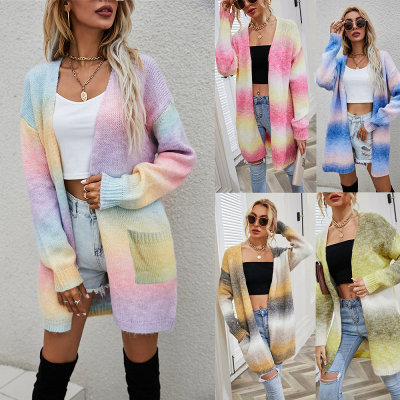 2026 Winter European and American Foreign Trade Cross-Border Sweater Rainbow Tie-Dye Mid-Length Loose Cardigan Women's Knitted Sweater Jacket