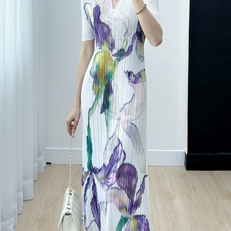2025 новый летний стиль, стильное, нежное, элегантное, уменьшающее возраст плиссированное платье с принтом, универсальное утягивающее платье средней длины