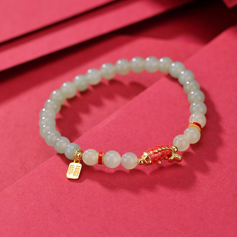 Vòng tay bạc S925 mạ vàng đính đá sapphire Hetian hạt tròn phong cách Koi Fu — Một chiếc
