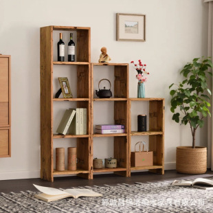 Northern Old Elm Bookshelf Living Room Bookcase Log Storage Rack Tea Cup Grid Rack Floor-Standing Whole Wall Bookshelf Display Cabinet