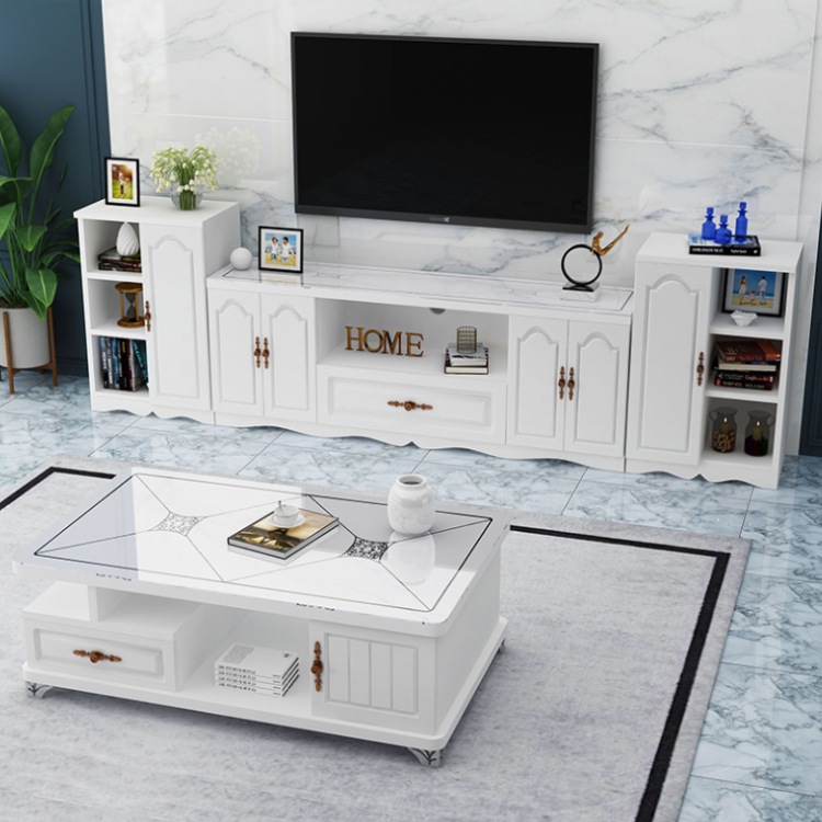 European-Style Tv Cabinet and Coffee Table Set, Modern Minimalist Living Room Small Apartment Tempered Glass Floor Cabinet Bedroom Tv Stand