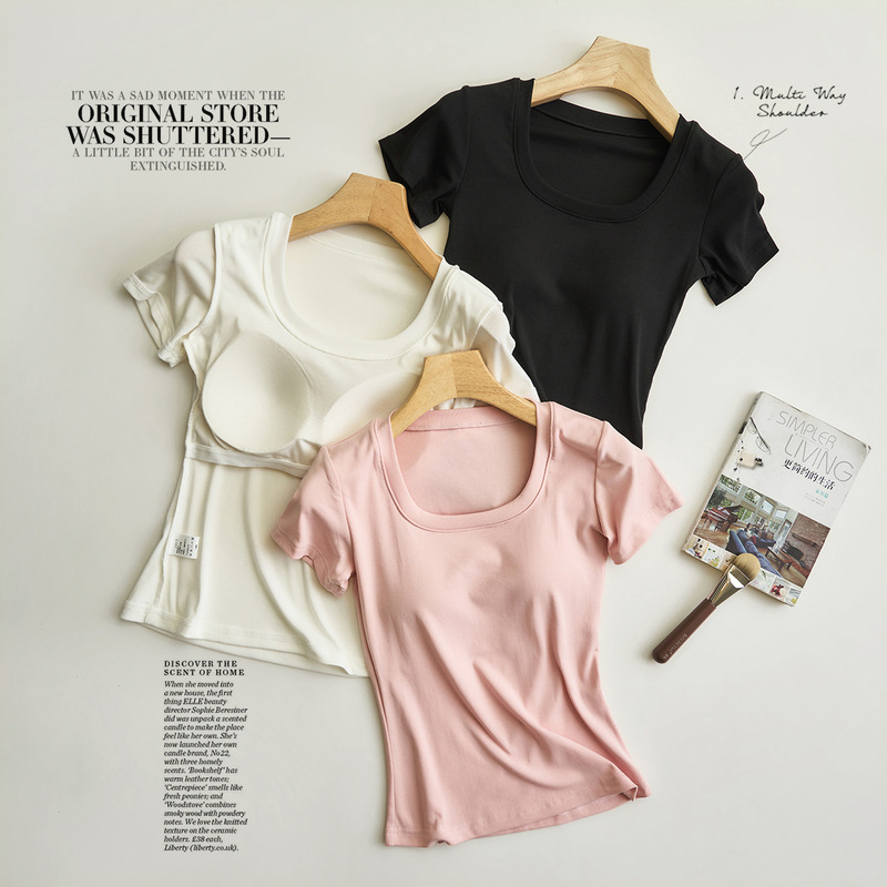 T-Shirt with Chest Pads and Straight Shoulders, Summer Inner Wear for Women, Short-Sleeved Lyocell Cotton U-Neck Slim-Fit Elegant Knit Top