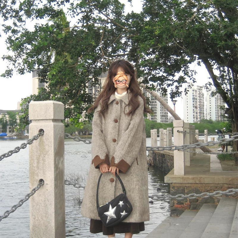 韩系复古立领拼色毛呢外套女秋冬季新款小个子中长款加厚呢子大衣|undefined