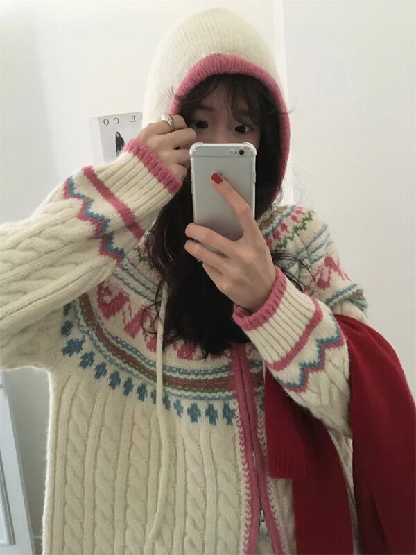 韩系复古麻花连帽费尔岛毛衣开衫女秋冬新款宽松慵懒拉链针织外套|undefined