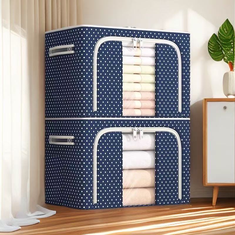 Blue Thickened Oxford Cloth Clothing Storage Box, Household Fabric Wardrobe for Storing Cotton and Linen Quilts, Foldable with Steel Frame