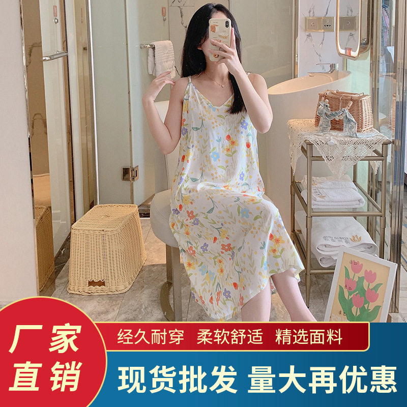 Cotton Silk Nightgown for Women Summer Thin Sexy Suspender Skirt Pure Desire Girl High-End Pajamas Plus Size Home Skirt