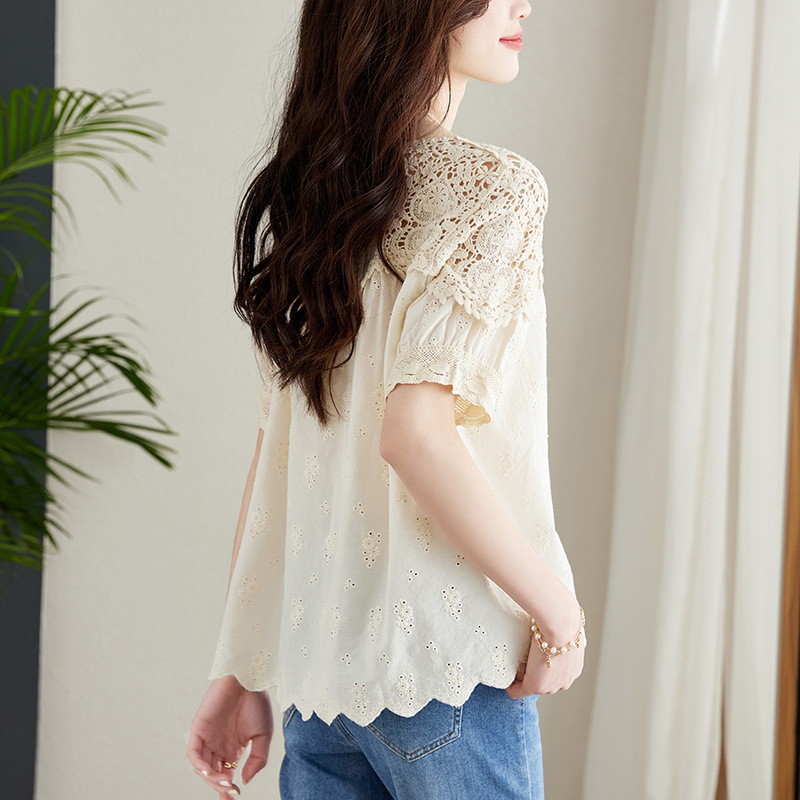 Blusa de encaje calado color albaricoque para mujer, verano 2026, cuello de hoja de loto, camisa bordada de algodón puro, diseño único, manga corta. image 6