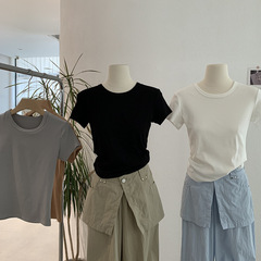 Omalai 無地ショルダースリムフィット半袖 Tシャツ多用途ファッショントレンド新作トップス卸売女性 3699